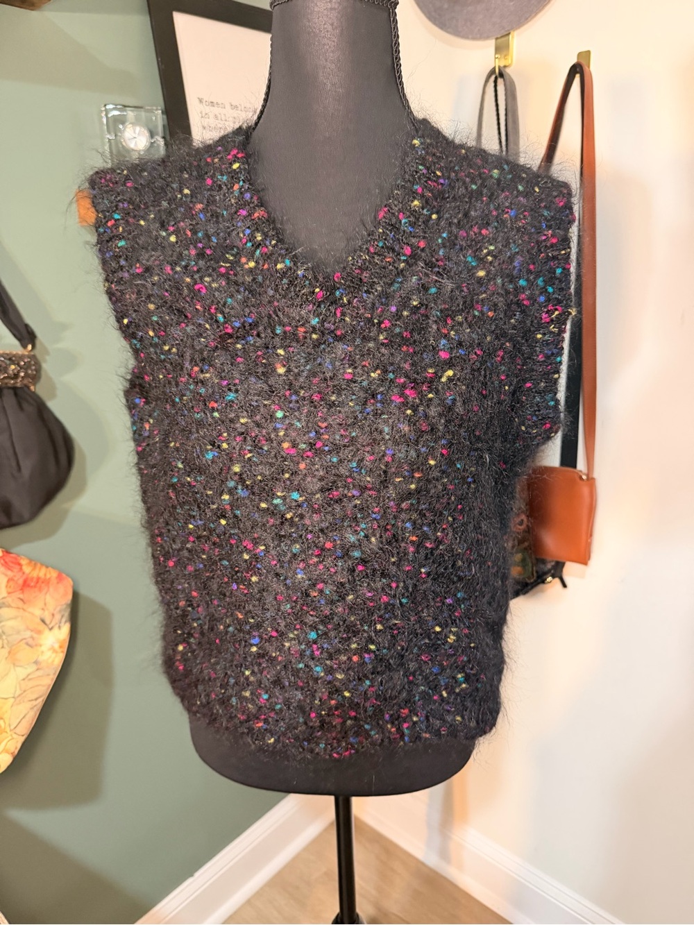 Vintage 80s/90s Mohair Sweater Vest Black Rainbow Confetti Fuzzy Knit Medium